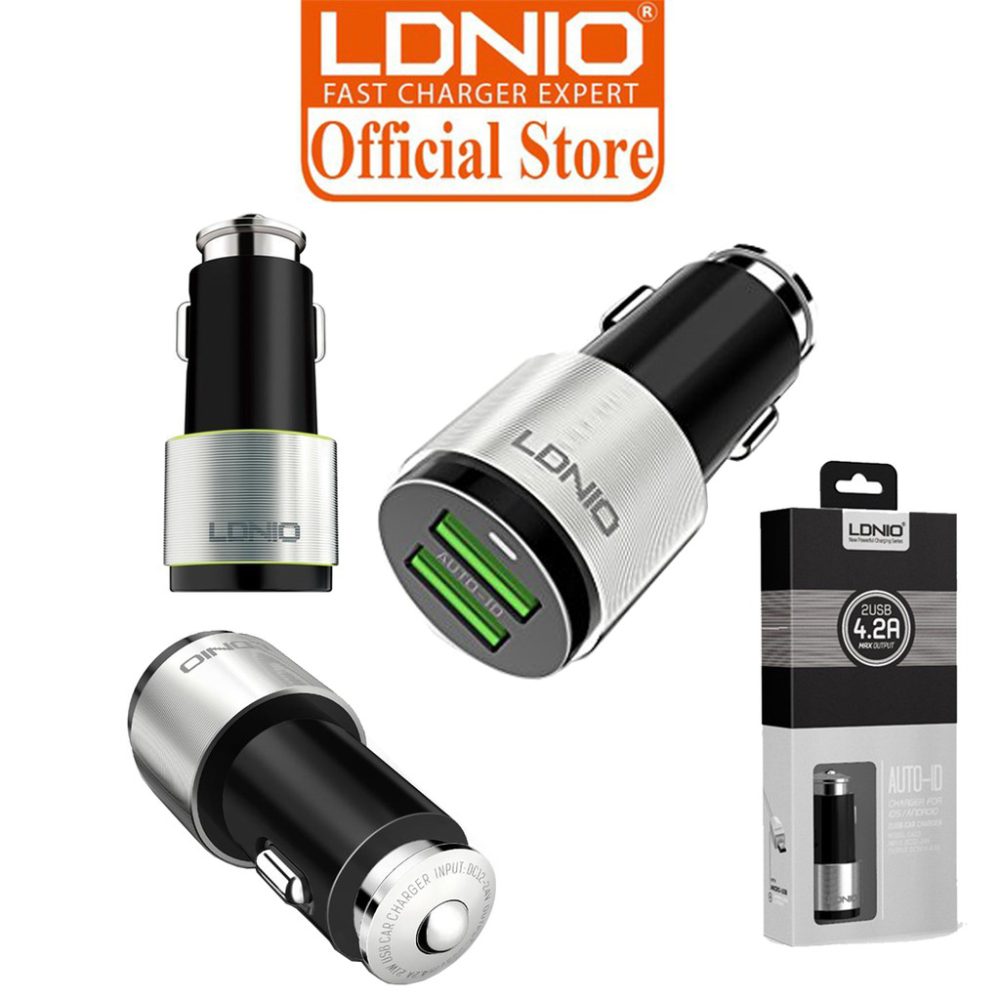 LDNIO 4.2A Auto-ID Dual USB Port Alloy Stripes With Metal Rim Car Charger