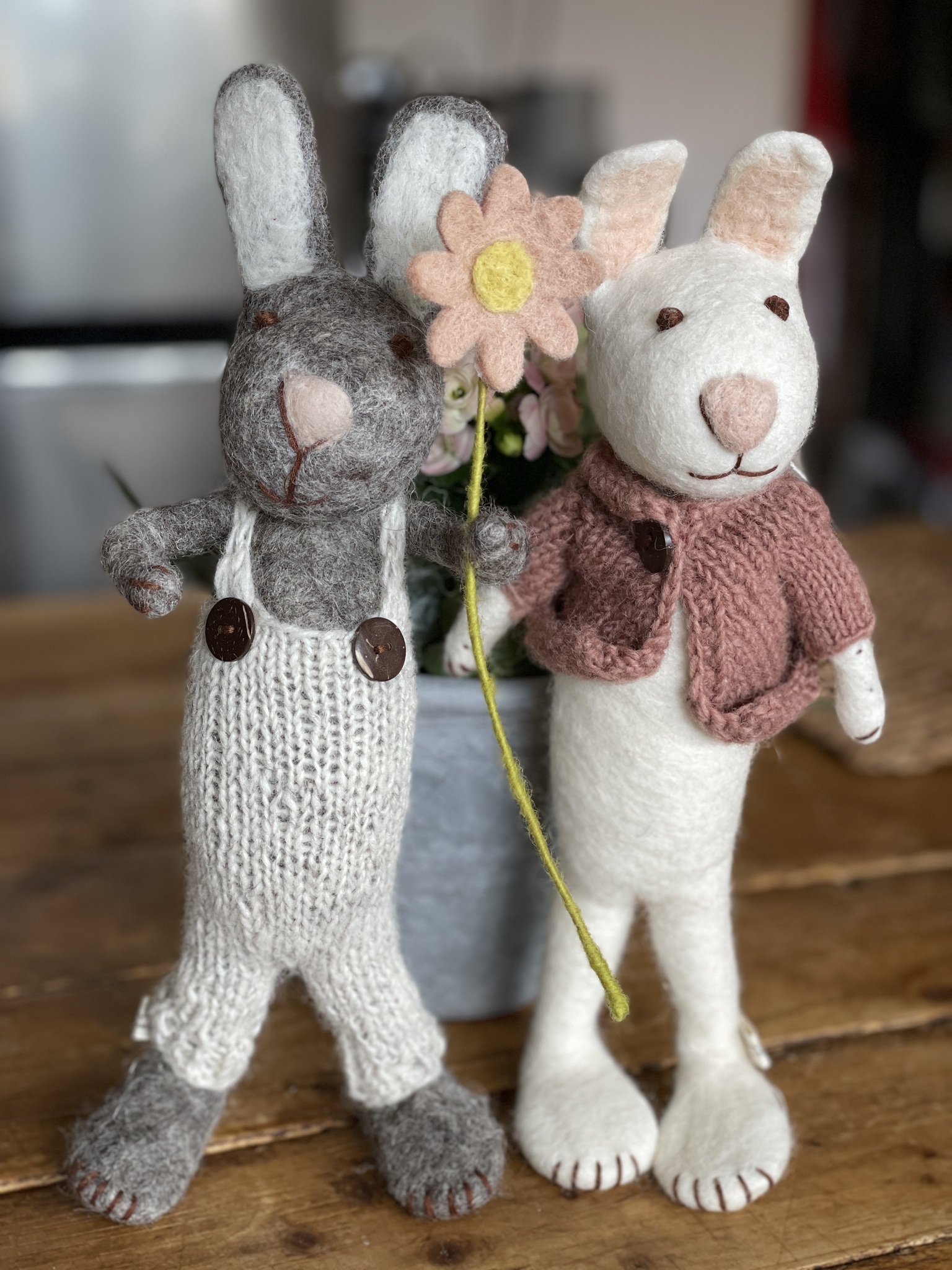 Stor grå kanin med byxor och blomma