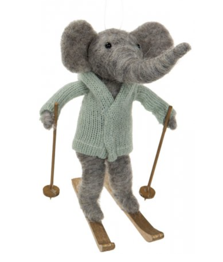 Felted wool elephant with skis