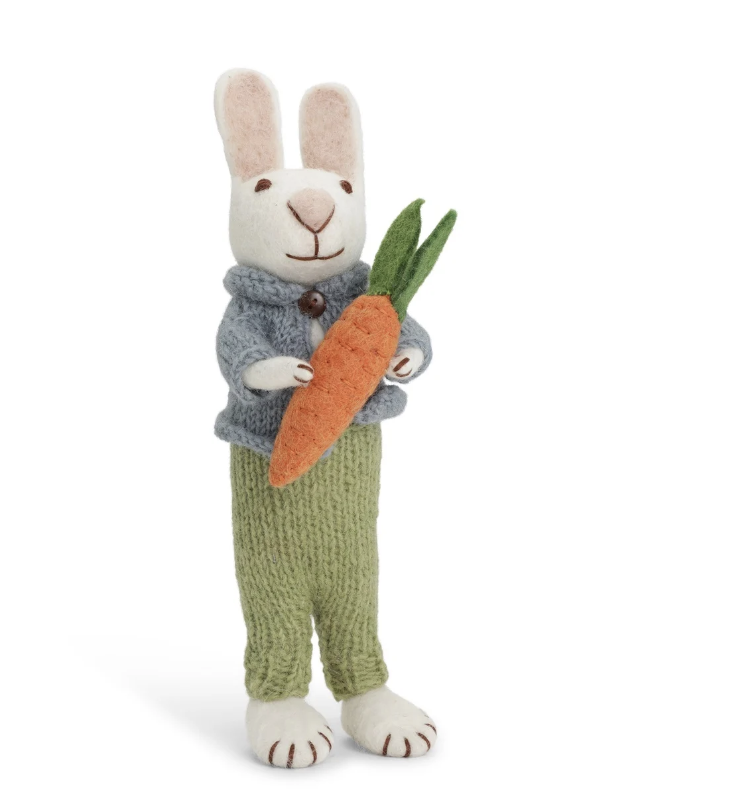 Big White Bunny with Blue Jacket, Green Pants and Carrot