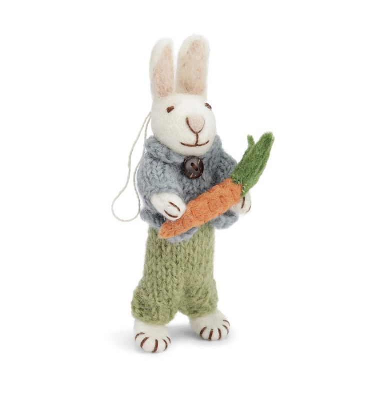 White Bunny with Blue Jacket, Green Pants and Carrot 14 cm