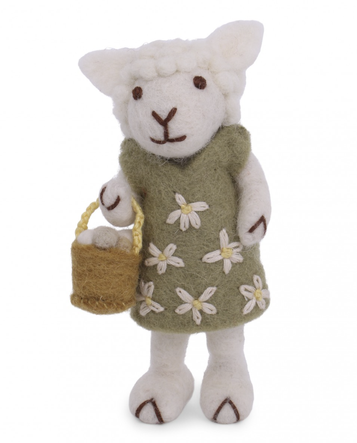 White Sheep w/Green Dress & Egg Basket with String