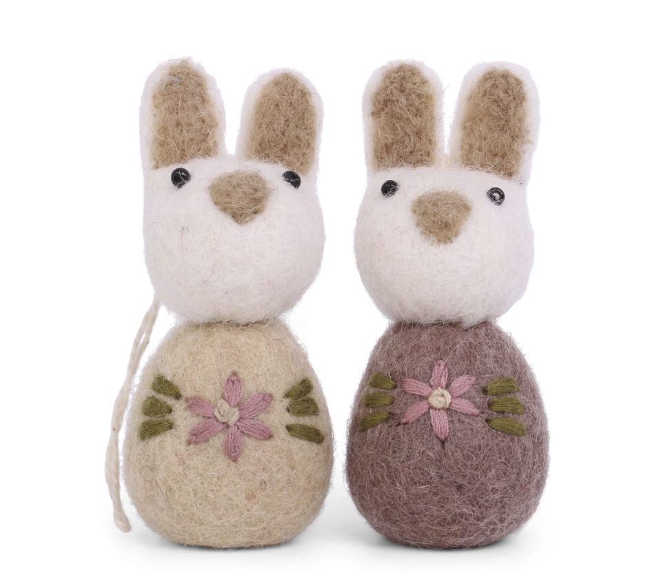 White Bunny Set - w/Flower Embroidery Plum - Set of 2 w/string