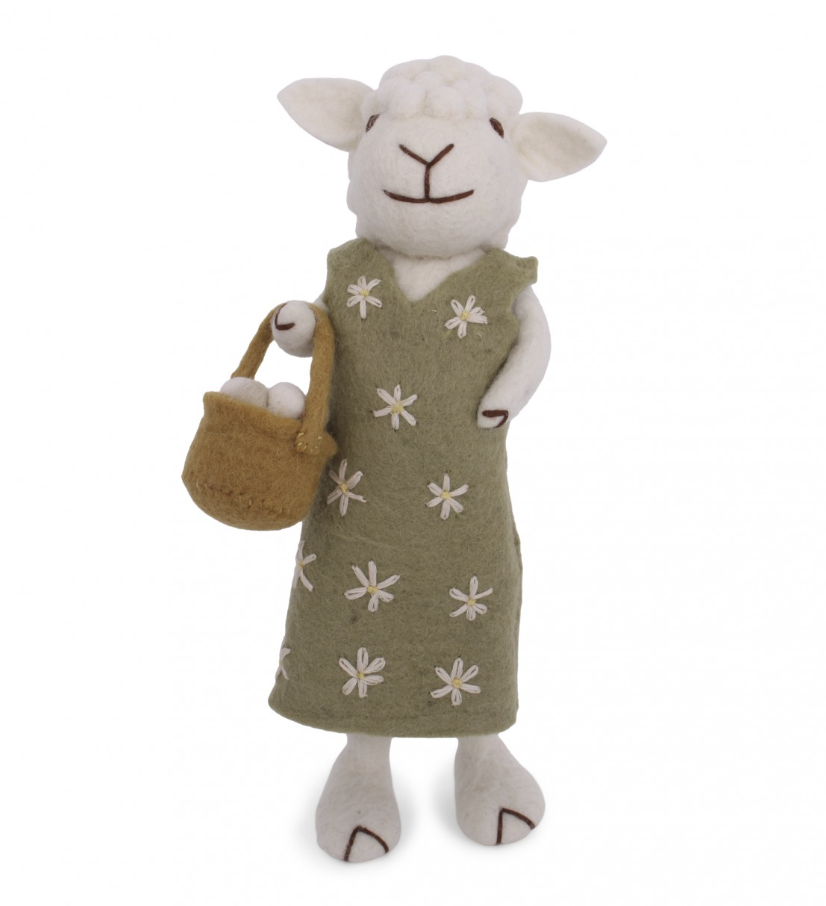 White Sheep w/Green Dress & Egg Basket with String