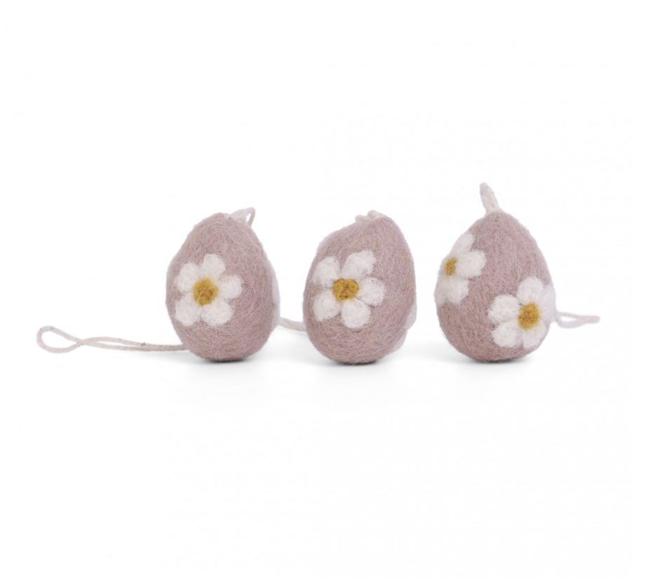 pink eggs with white flowers H 3.5 x W 3 cm. set of 3