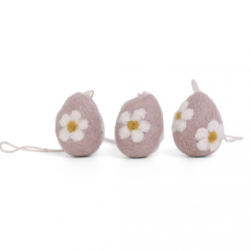 rosa ägg med vita blommor H 3,5 x W 3 cm. set om 3