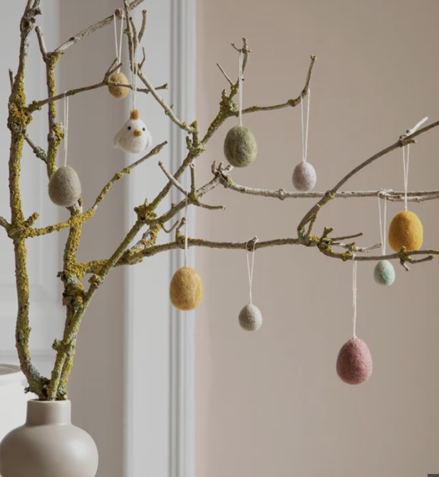 Felted eggs with embroidery, set of 3 in shades of beige