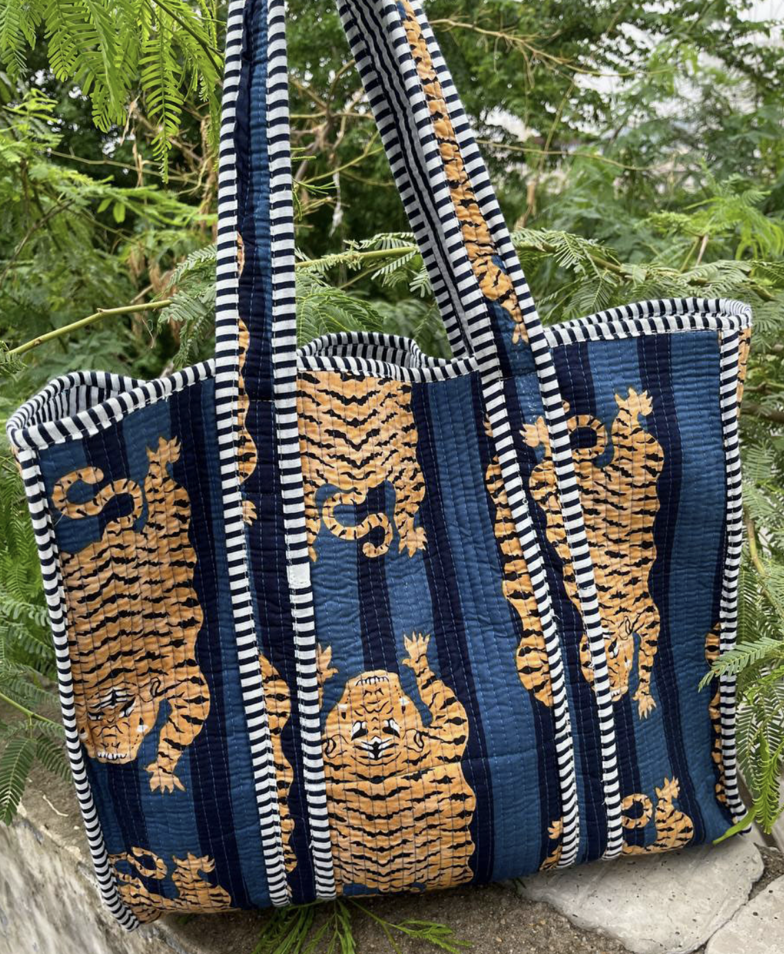Blue Cotton Quilted Tiger Print Bag