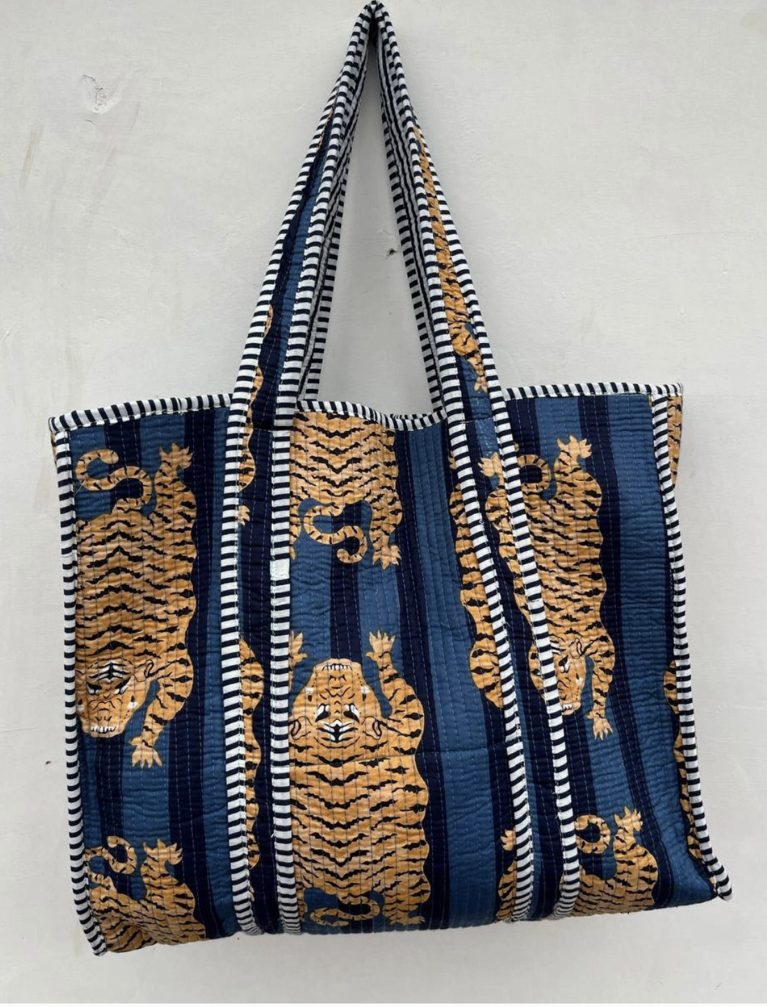 Blue Cotton Quilted Tiger Print Bag