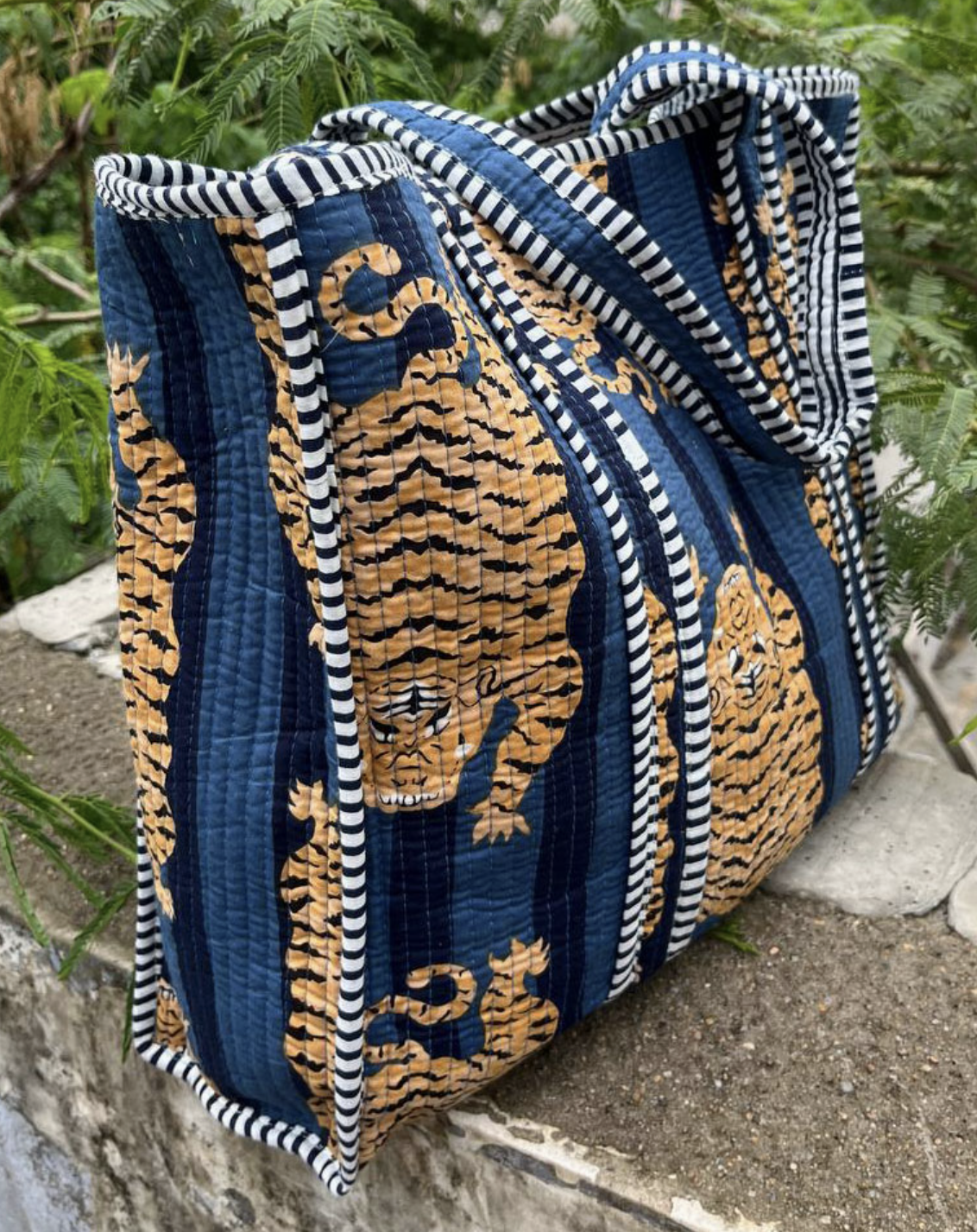 Blue Cotton Quilted Tiger Print Bag