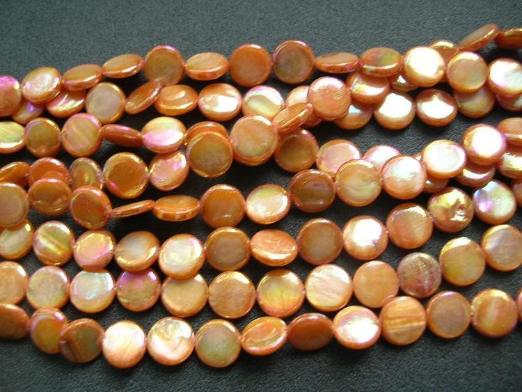 Snäckskalspärlor - Coin - Button - Orange - 10mm - 1sträng