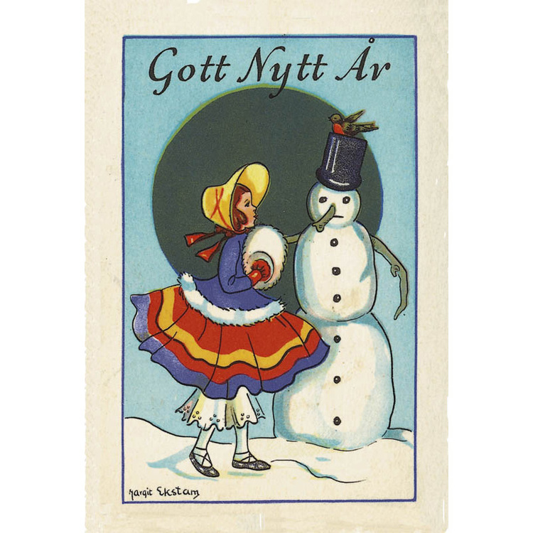 Nyårskort - Flicka med snögubbe - (minikort A7)