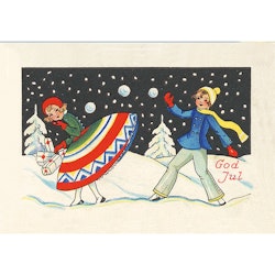 Julkort - Snöbollskastning - (minikort A7)