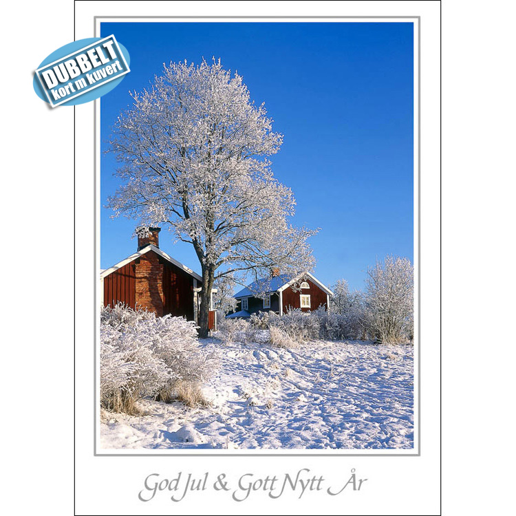 Rött hus i vinterlandskap - Dubbelt Julkort med kuvert