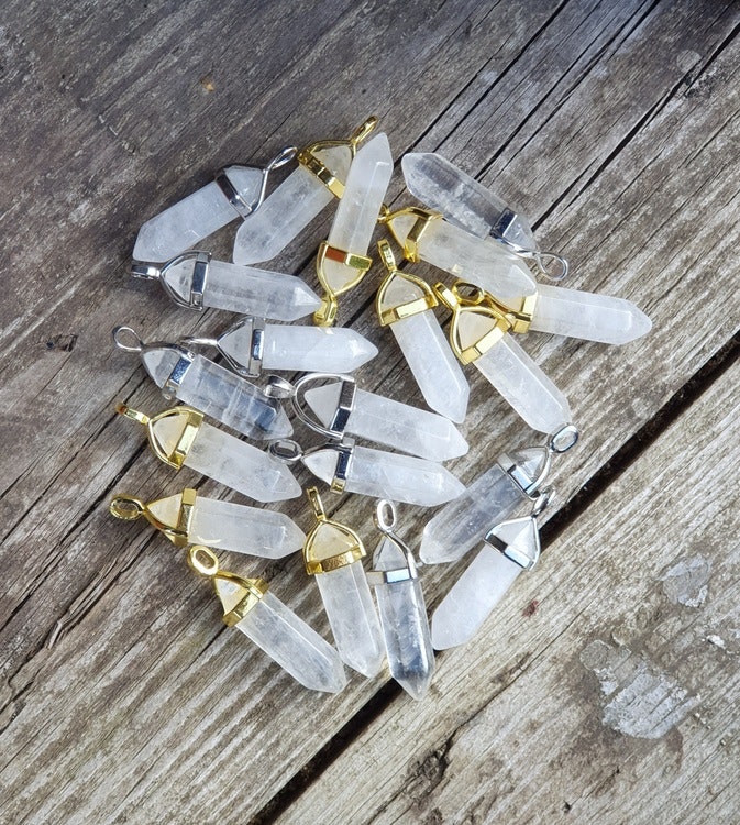 Bergskristall, spets hänge silver/guld