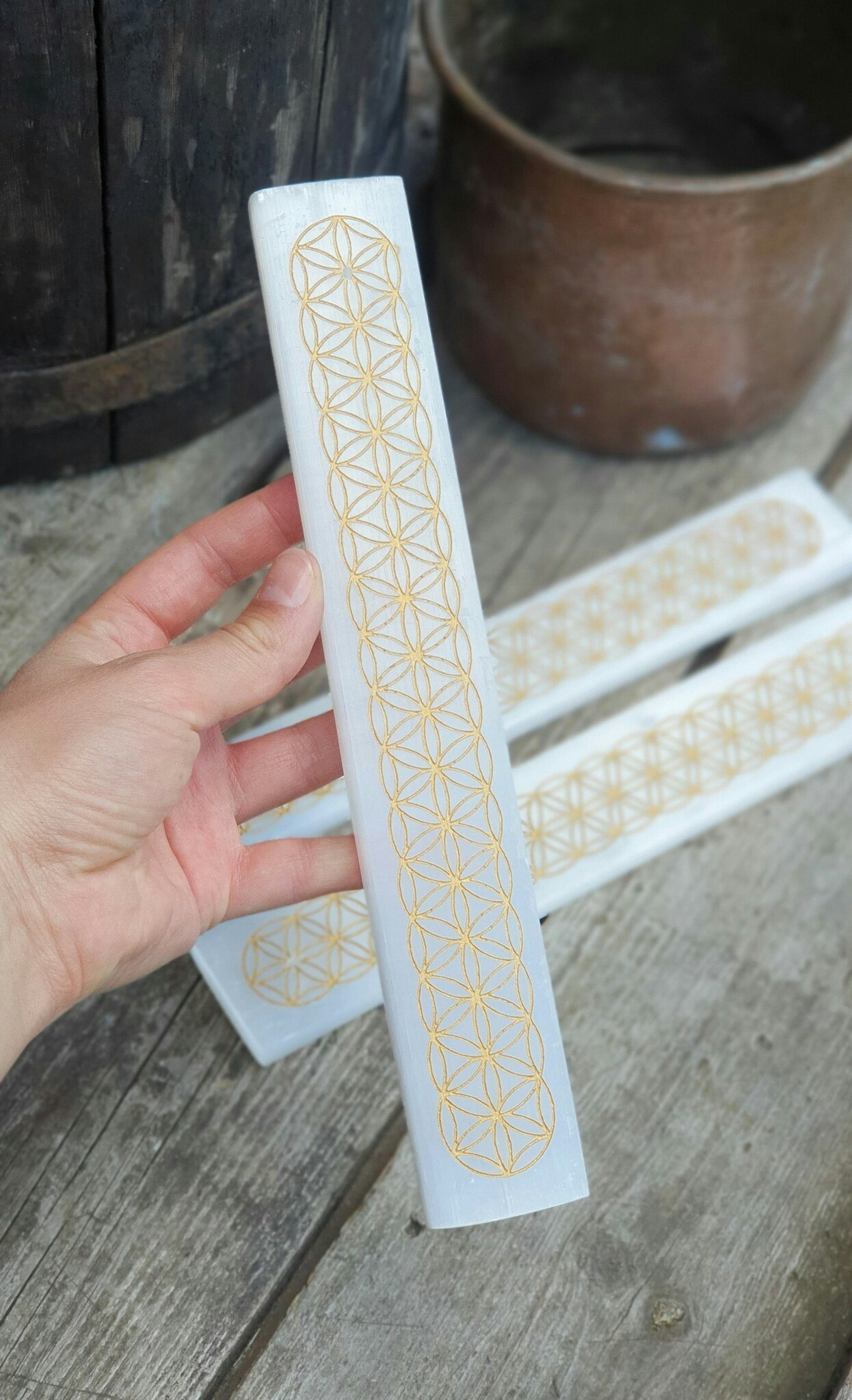 Rökelsehållare Flower Of Life, Vit Selenit platta
