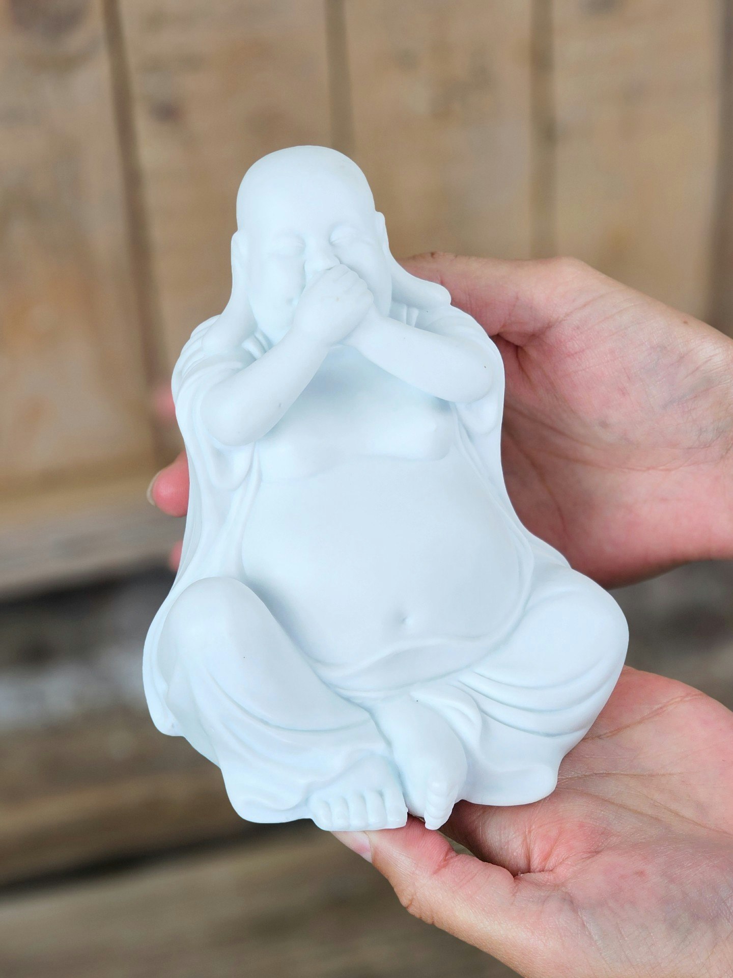 Aromalampa, diffuser vit keramik stor Buddha x3 (inte se/höra/tala) utgående
