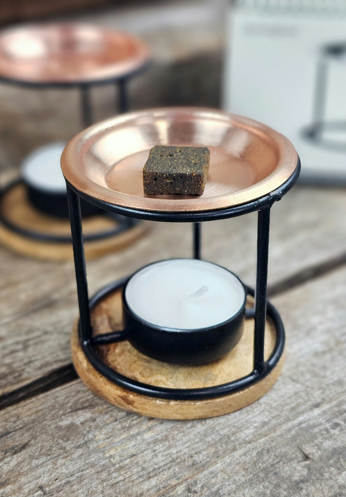 Brännare för rökelsebrickor, svart/koppar med trä