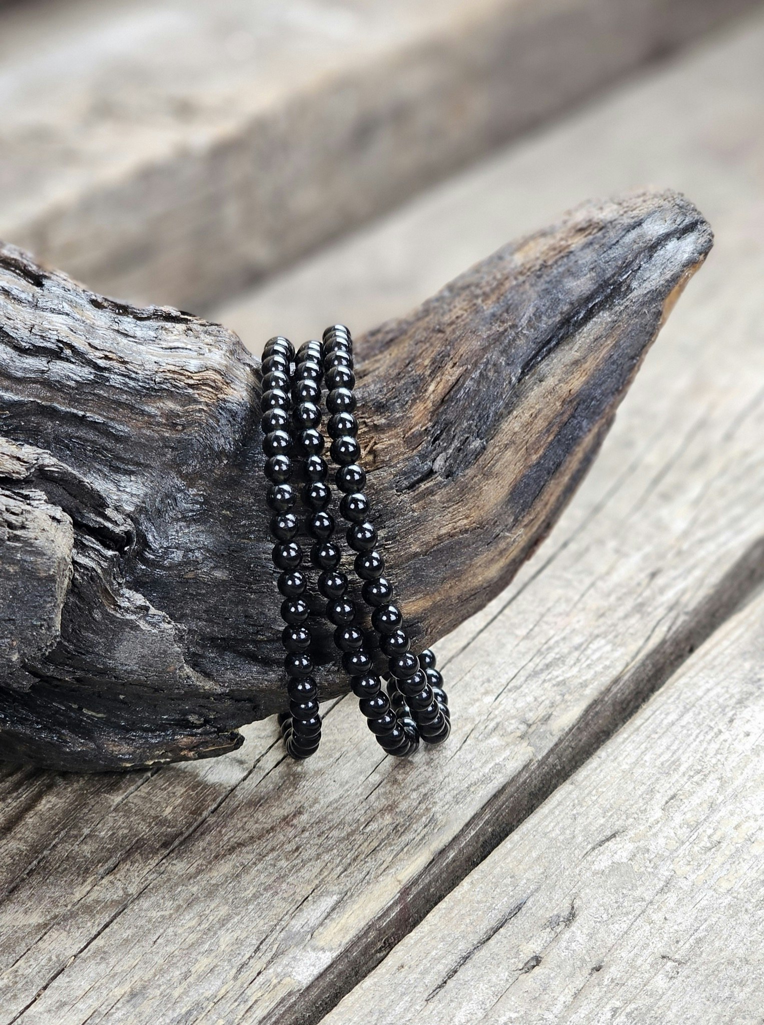 Svart Obsidian, armband 4mm runda pärlor
