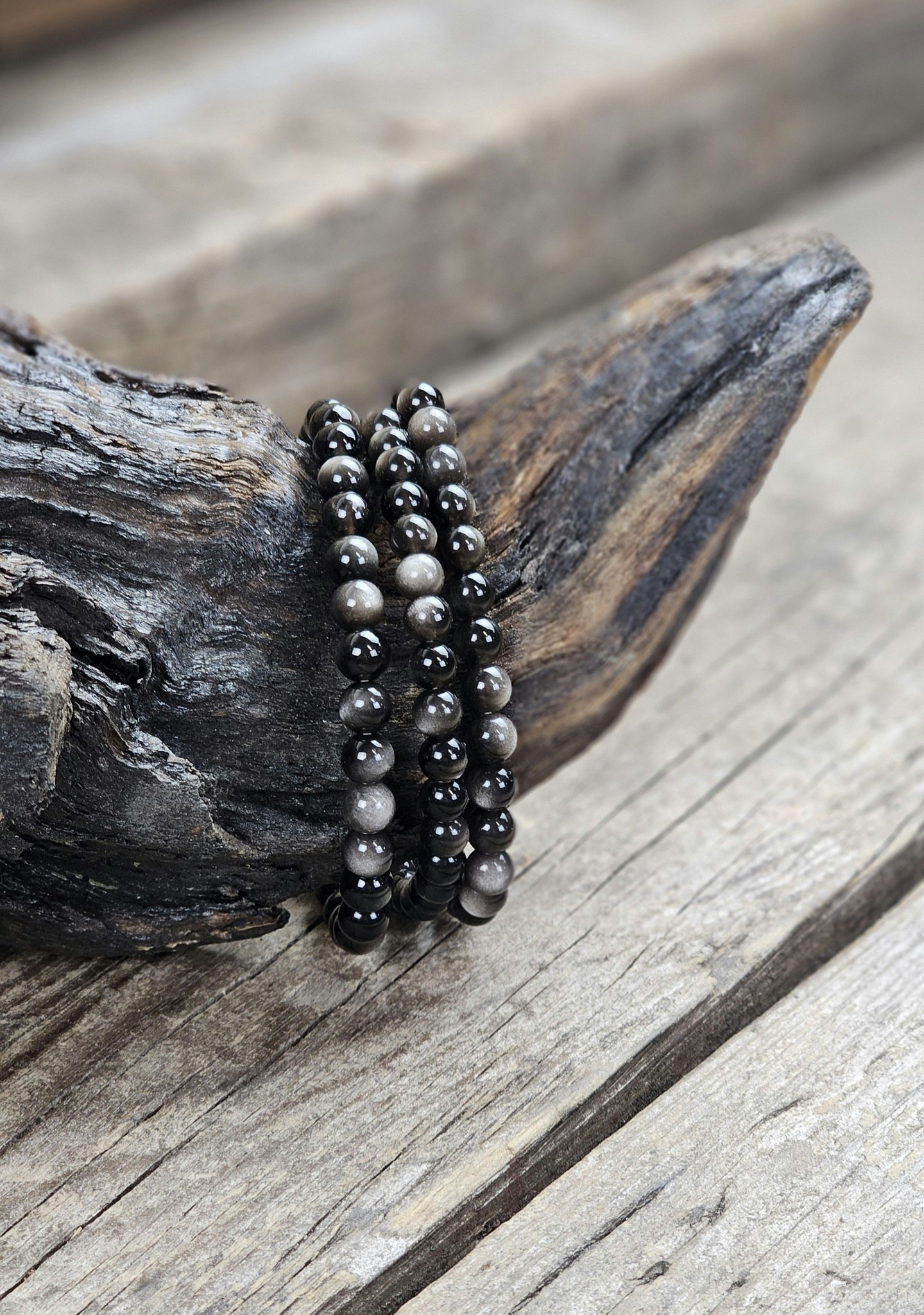 Silver Sheen Obsidian, armband 6mm runda pärlor