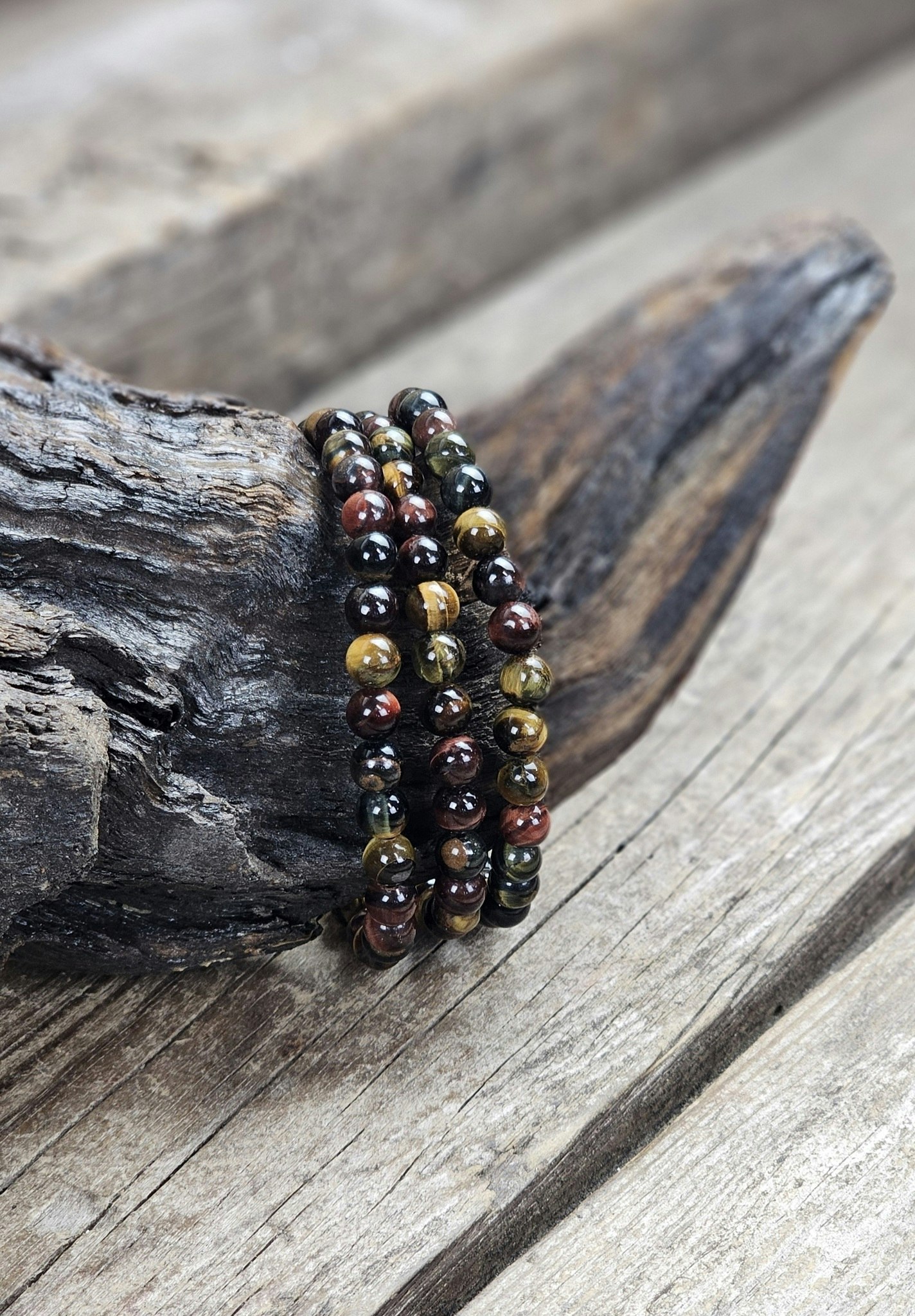 Tigeröga, Falköga & Oxöga mix, armband 6mm runda pärlor