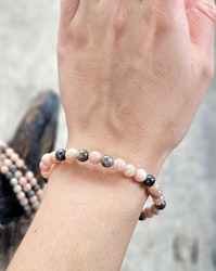 Persikomånsten & Svart Månsten mix, armband 6mm runda pärlor