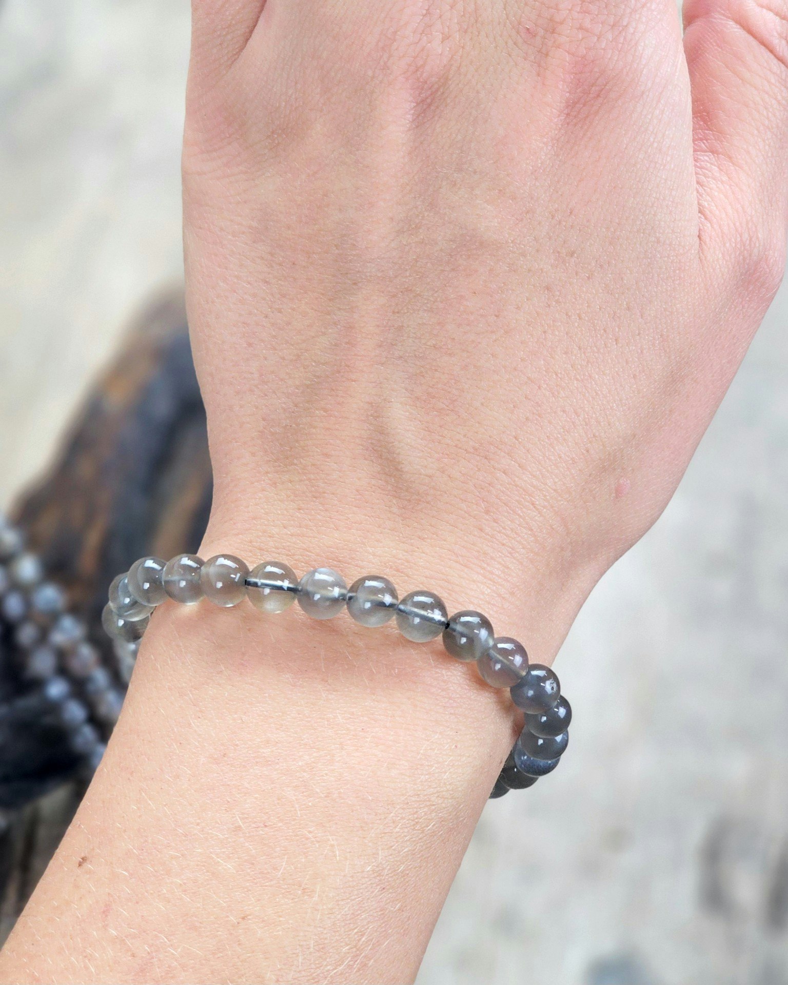 Svart Månsten, armband 6mm runda pärlor