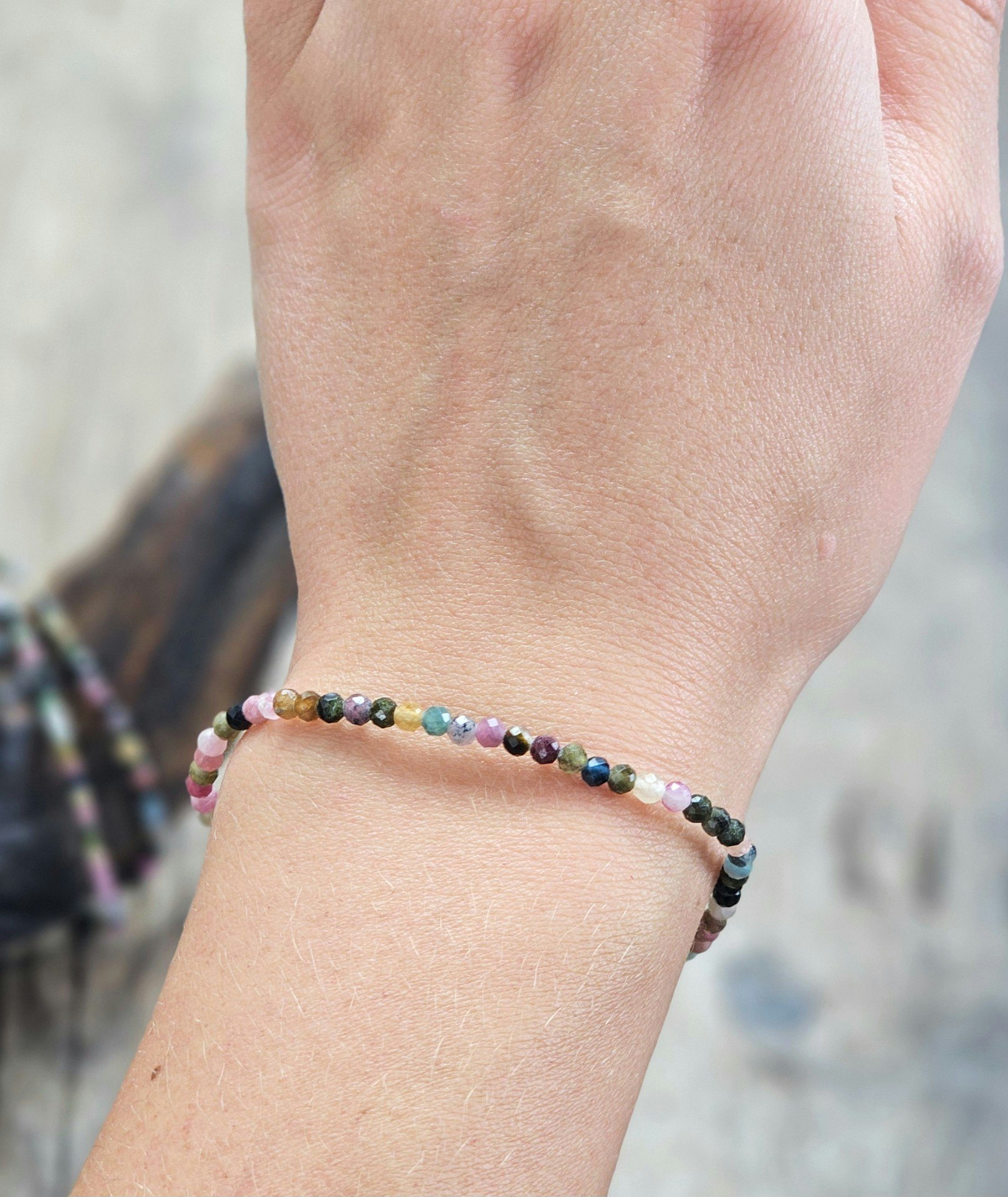 Vattenmelon Turmalin, armband 3mm facetterade pärlor