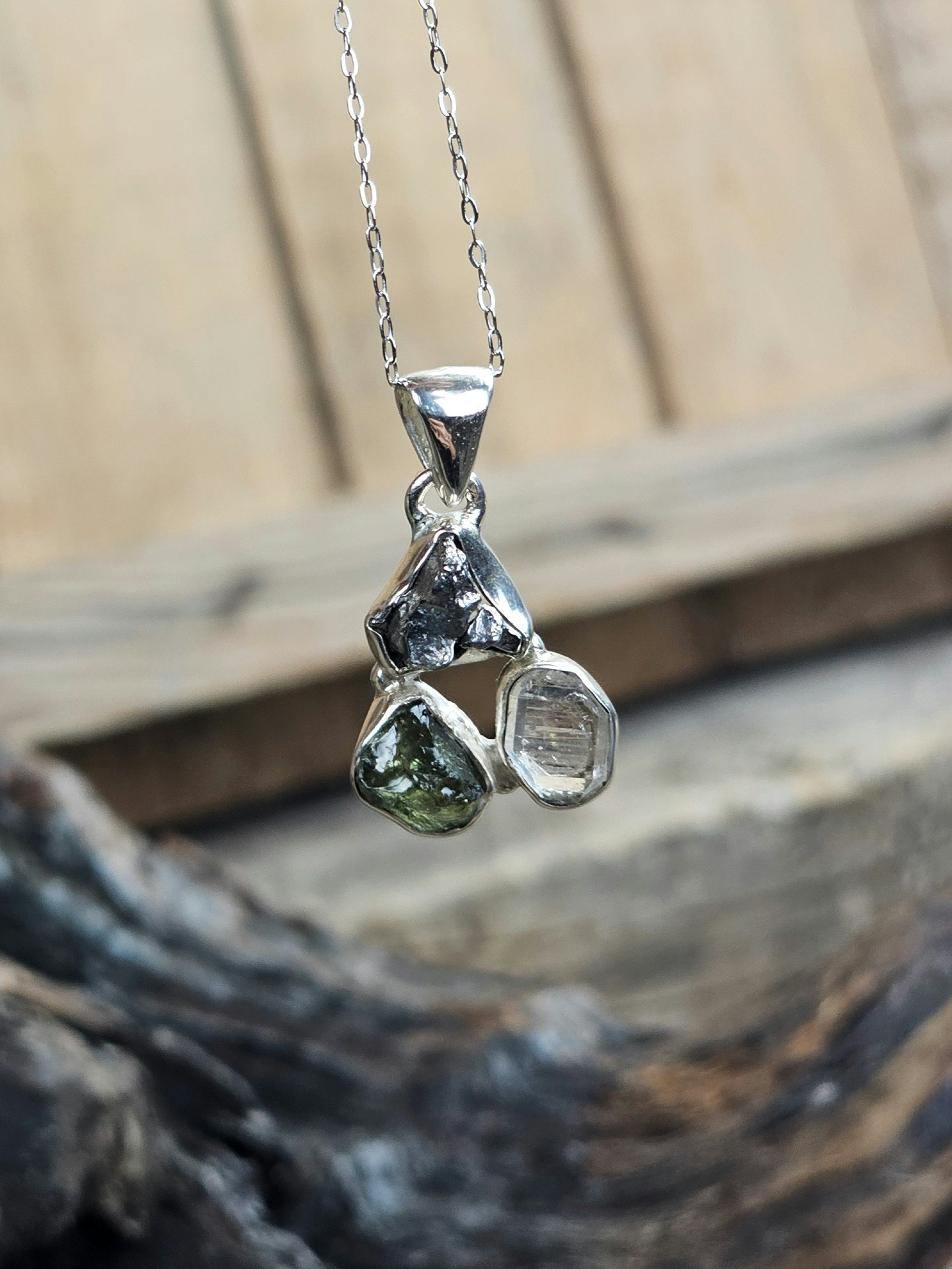 Moldavit, Meteorit & Herkimerdiamant, 925 silverinfattad hänge #1