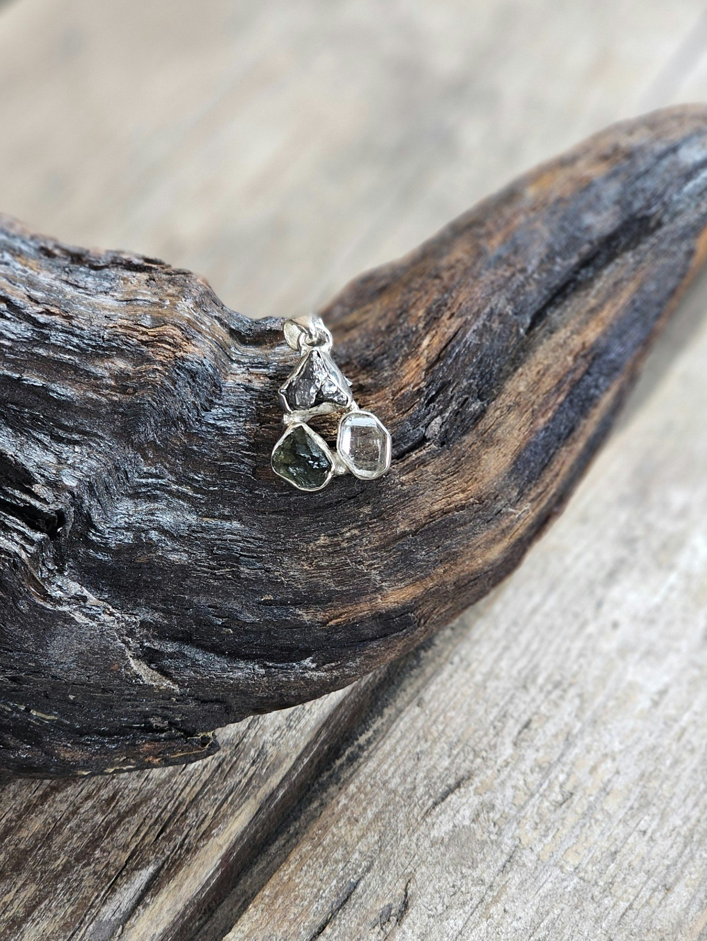 Moldavit, Meteorit & Herkimerdiamant, 925 silverinfattad hänge #1