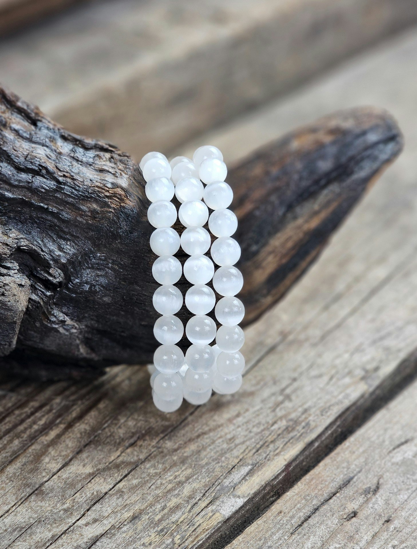 Selenit, armband 8mm runda pärlor