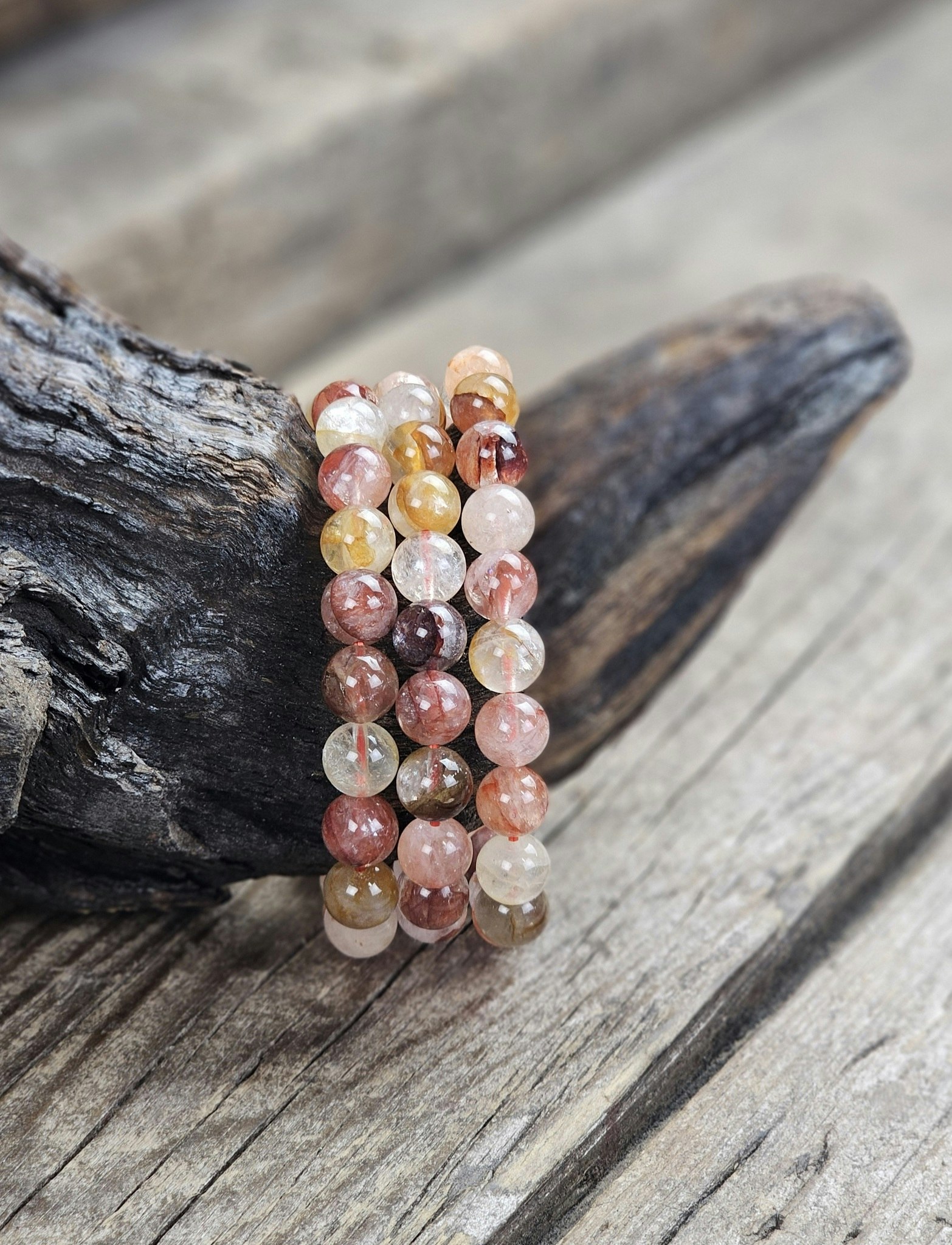 Golden Healer & Hematoidkvarts (Röd Golden Healer) mix, armband 8mm runda pärlor