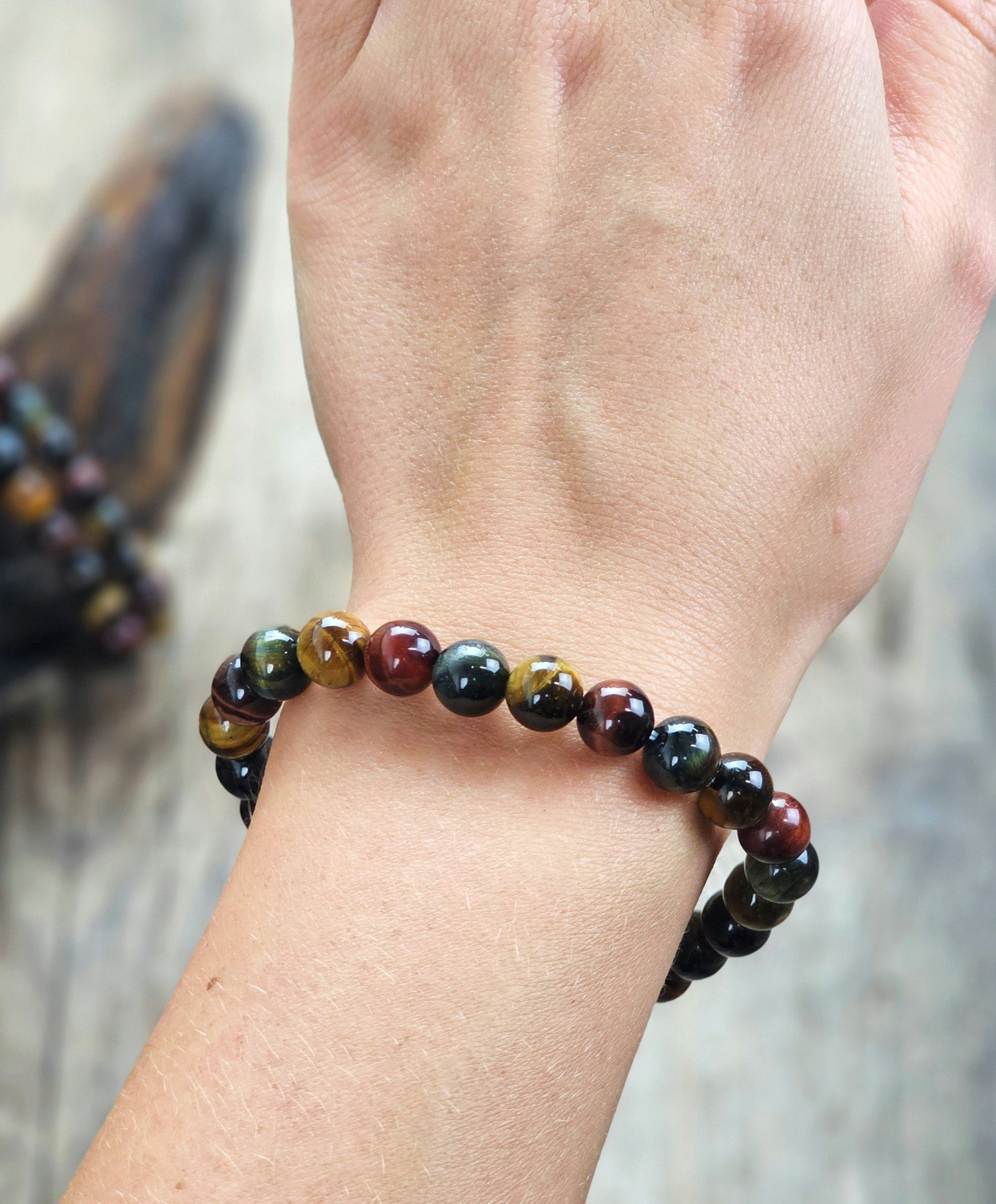 Tigeröga, Falköga & Oxöga mix, armband 8mm runda pärlor