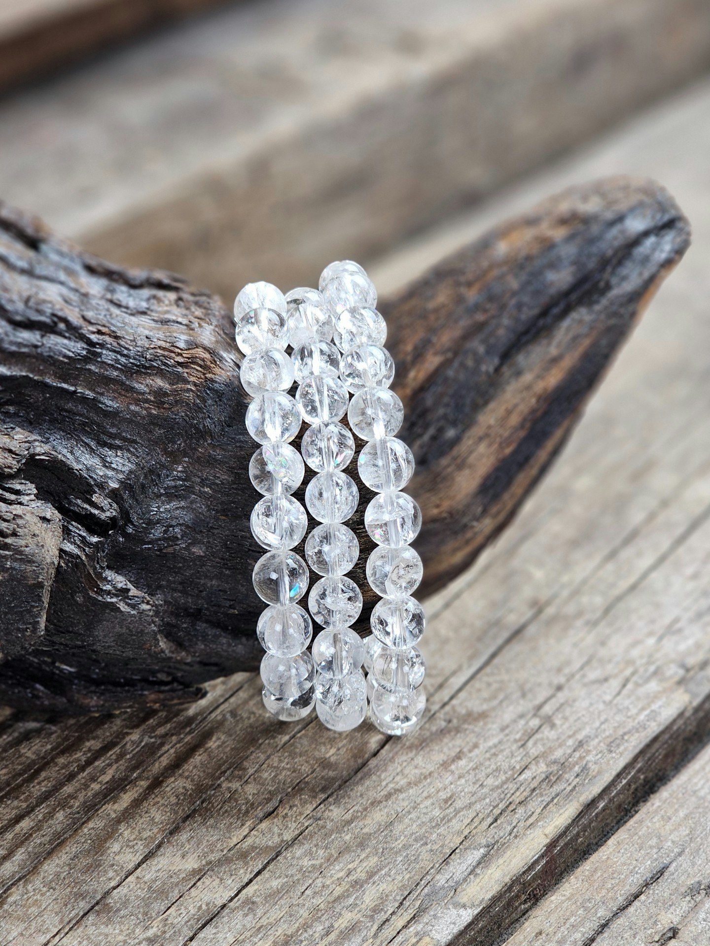 Krackelerad Bergkristall (Fire and Ice), armband 8mm runda pärlor