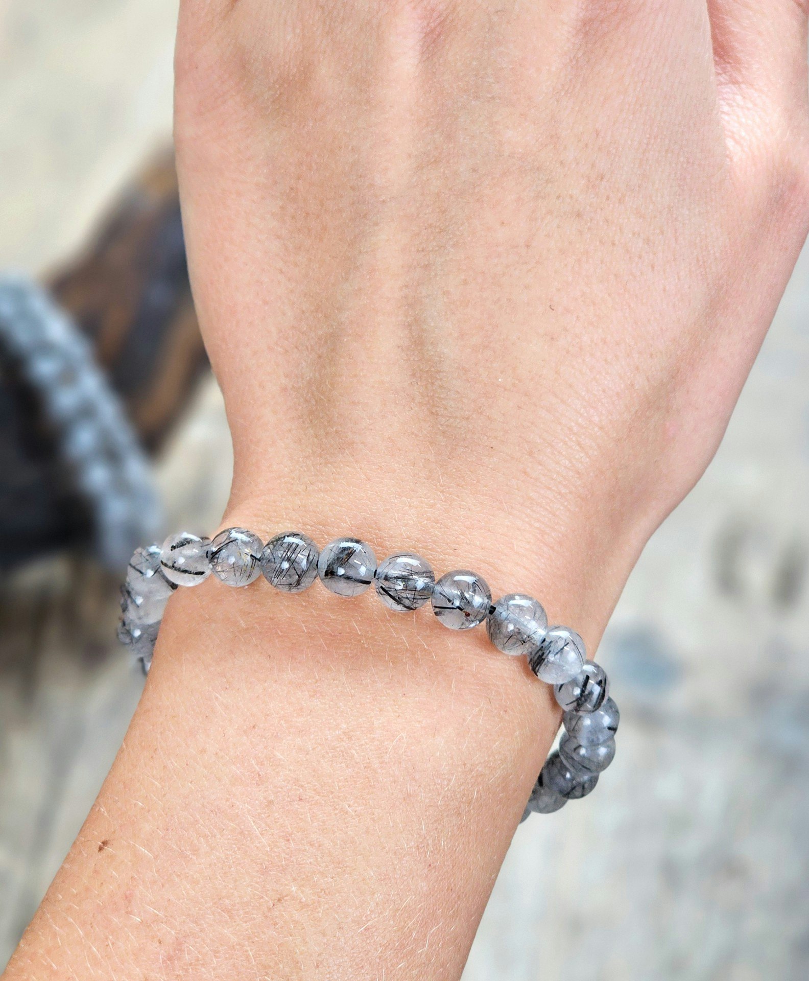 Rutilkvarts (Svart Turmalin) extra, armband 8mm runda pärlor