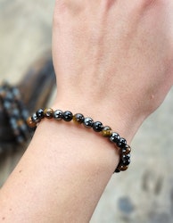 Tigeröga, Svart Obsidian & Hematit mix, armband 6mm runda pärlor