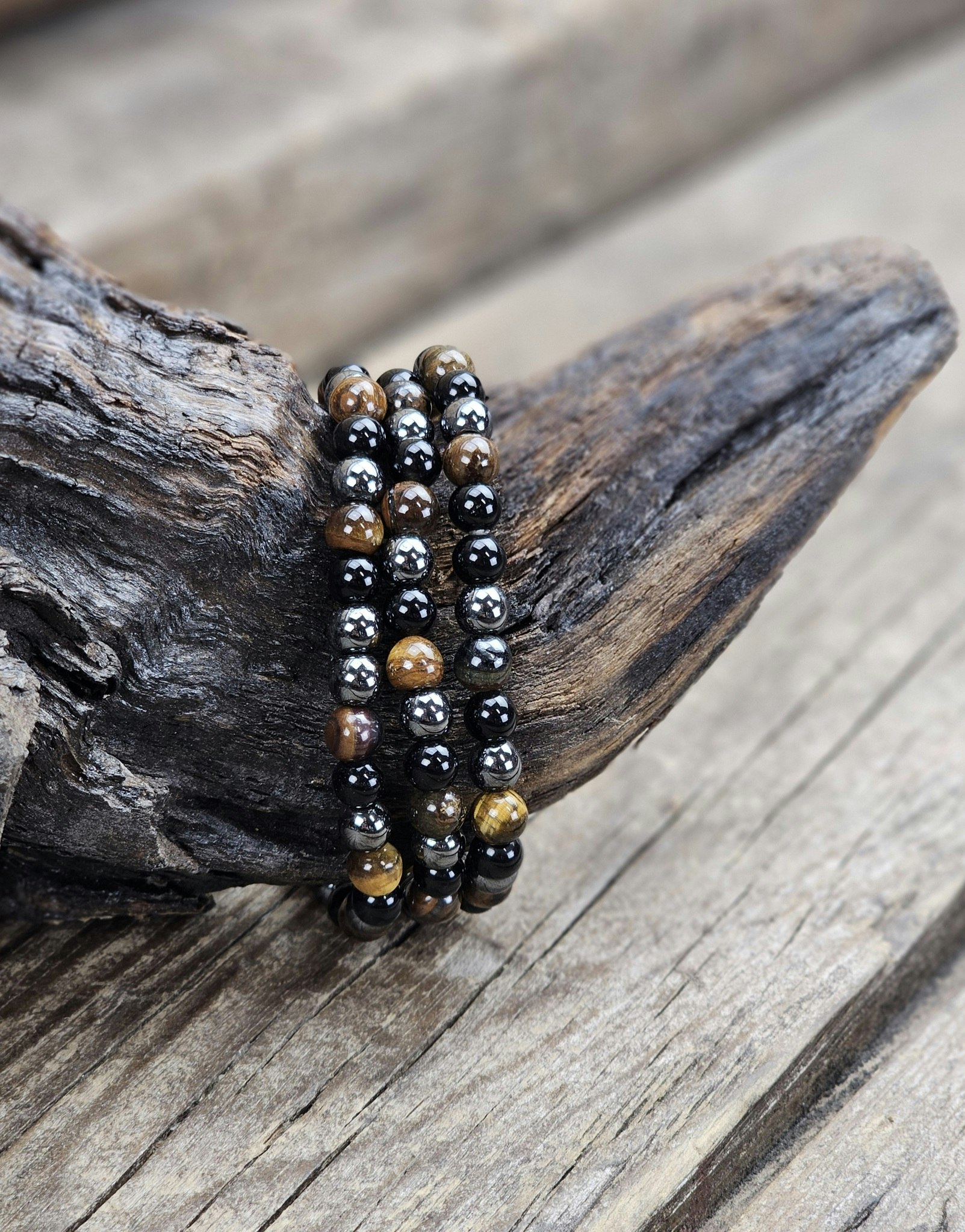 Tigeröga, Svart Obsidian & Hematit mix, armband 6mm runda pärlor