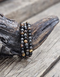 Tigeröga, Svart Obsidian & Hematit mix, armband 6mm runda pärlor