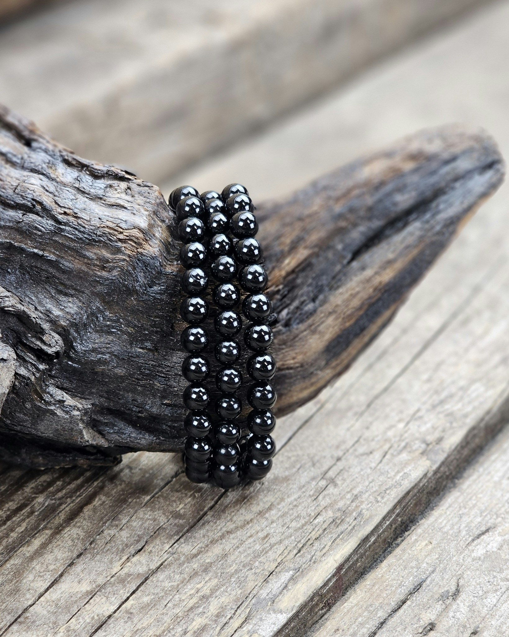 Svart Spinell, armband 6mm runda pärlor