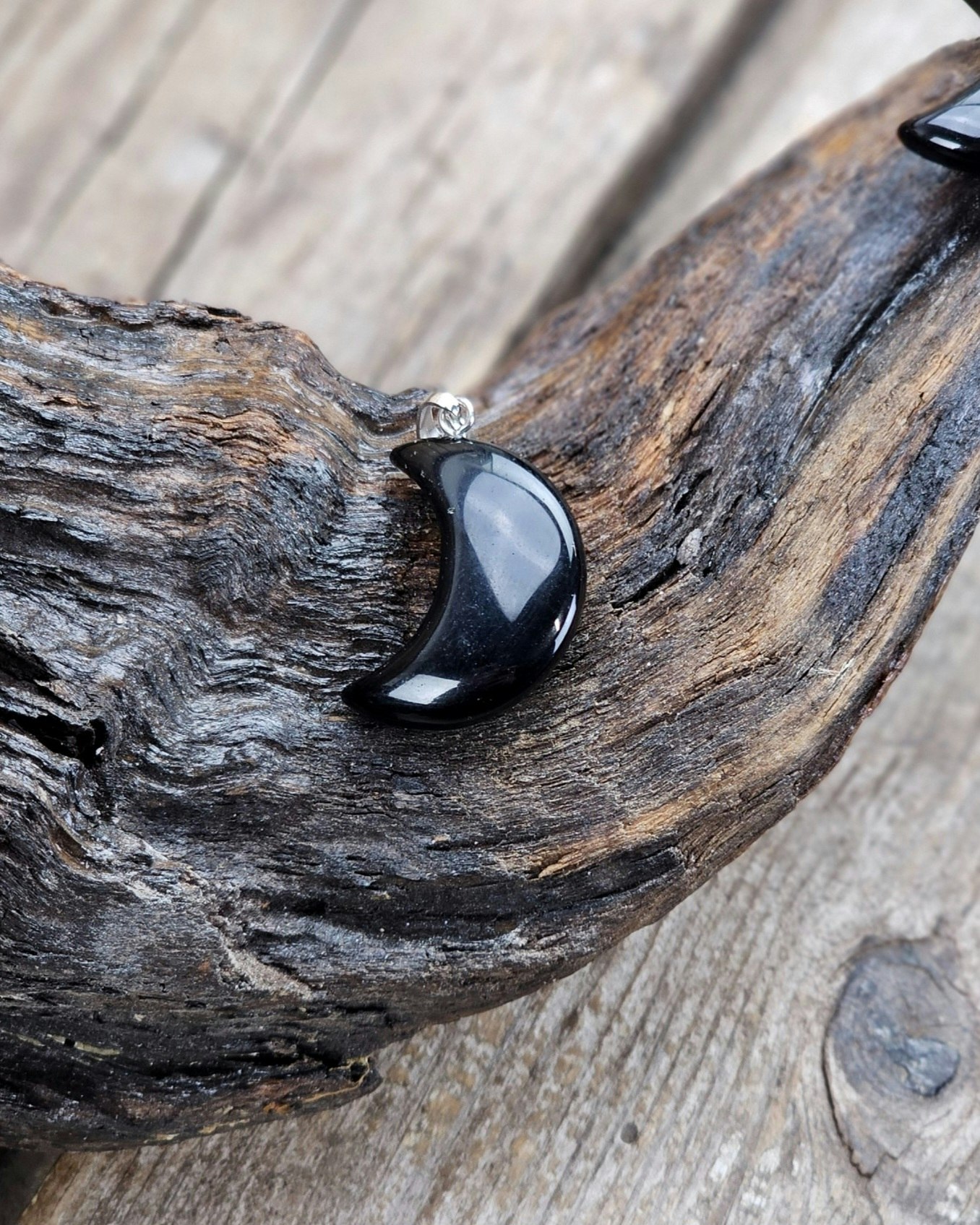 Stor Måne Svart Obsidian, silverpläterat hänge