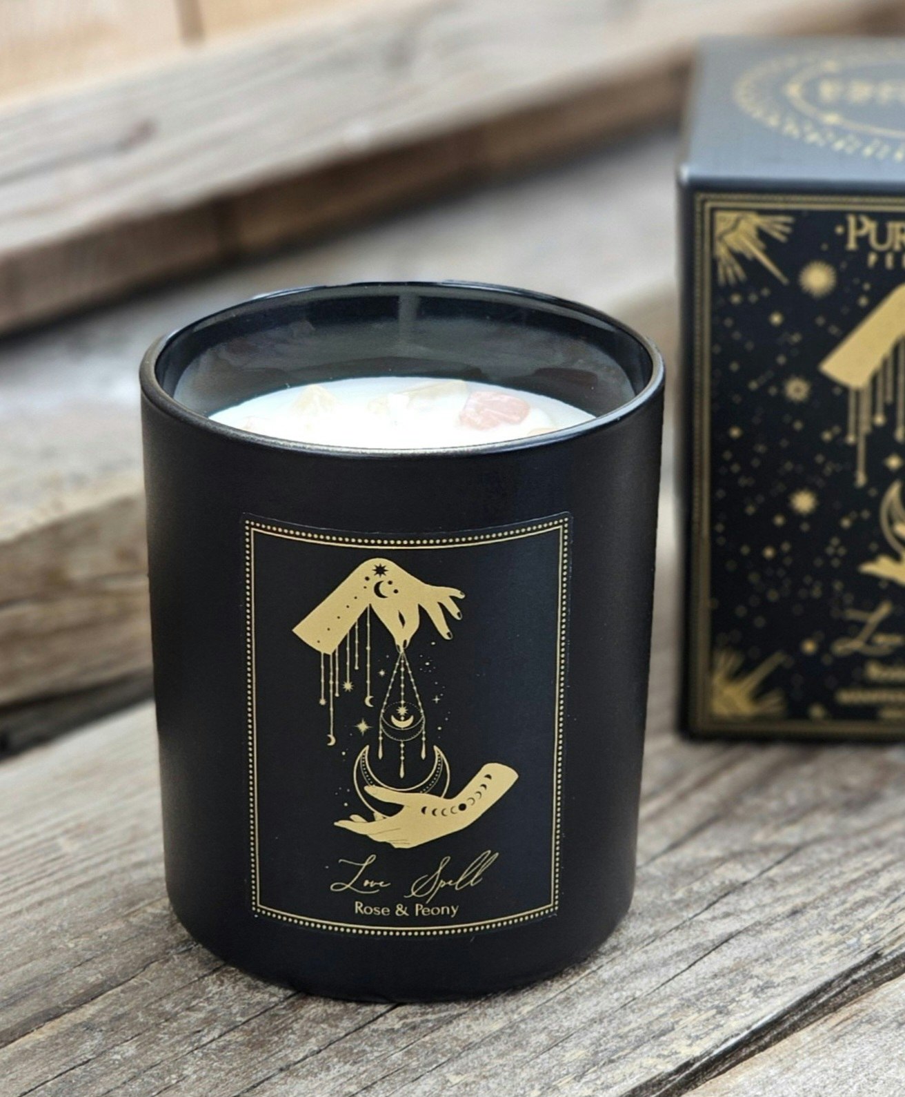 PureWorks - Love Spell - Rose & Peony, doftljus för manifestation med Rosenkvarts 50h