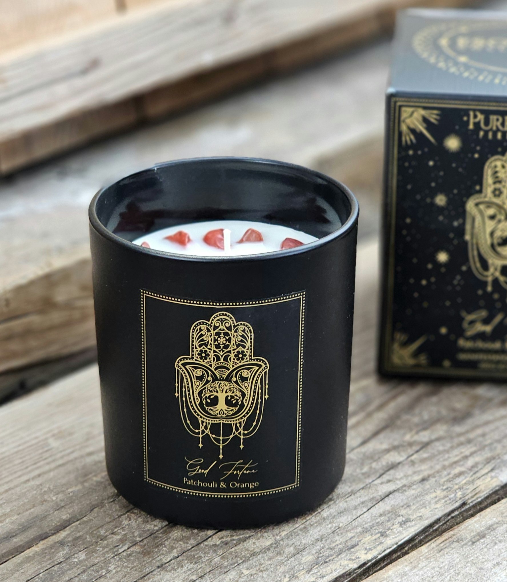 PureWorks - Good Fortune - Patchouli & Orange, doftljus för manifestation med Röd Jaspis 20h