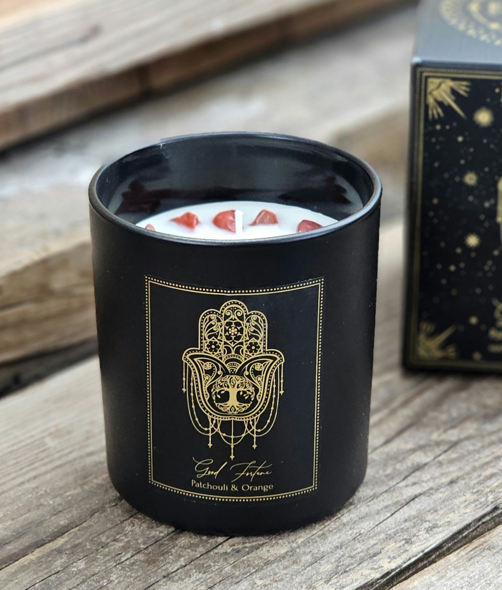 PureWorks - Good Fortune - Patchouli & Orange, doftljus för manifestation med Röd Jaspis 50h