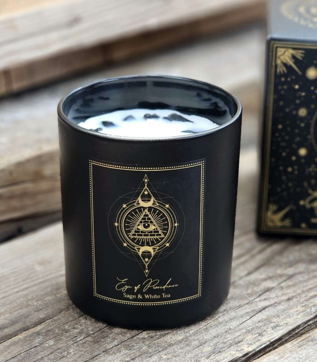 PureWorks - Eye of Providence - Sage & White Tea, doftljus för manifestation med Svart Obsidian 50h