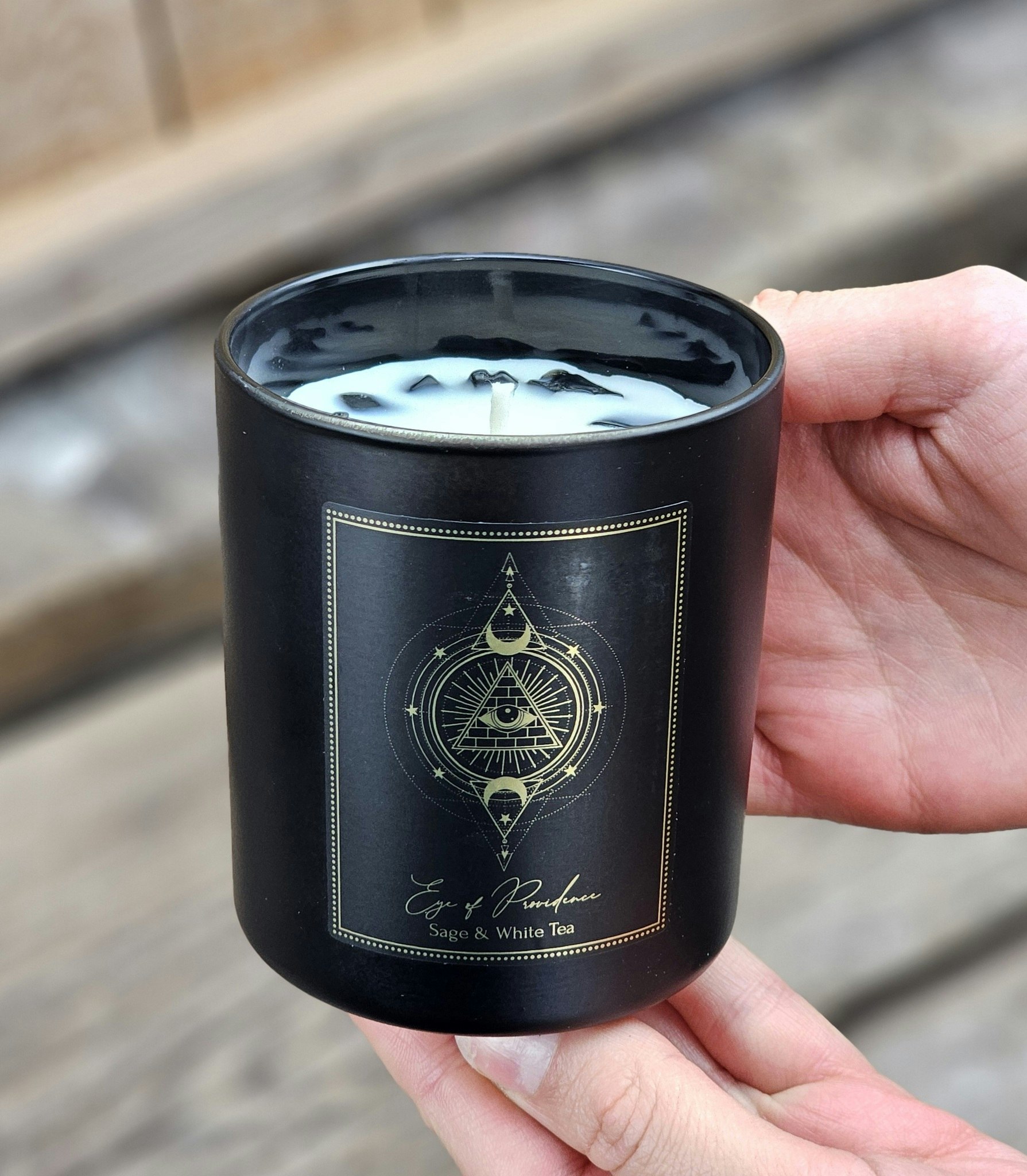 PureWorks - Eye of Providence - Sage & White Tea, doftljus för manifestation med Svart Obsidian 50h