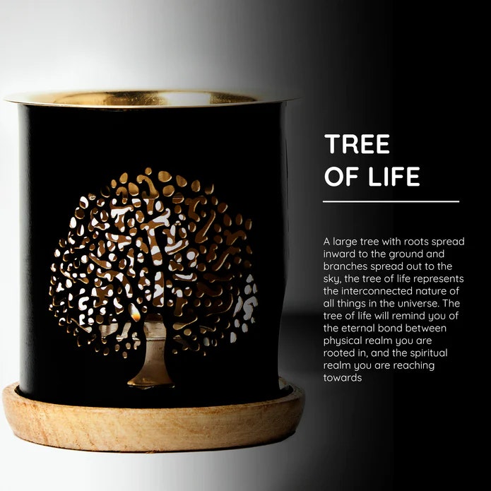 Aromalampa Tree Of Life, diffuser svart/guld med träunderlägg