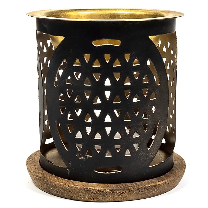 Aromalampa Flower Of Life, diffuser svart/guld med träunderlägg