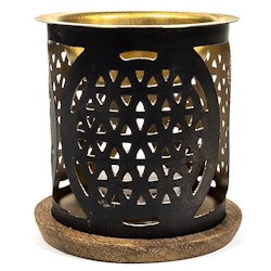 Aromalampa Flower Of Life, diffuser svart/guld med träunderlägg