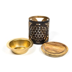 Aromalampa Flower Of Life, diffuser svart/guld med träunderlägg
