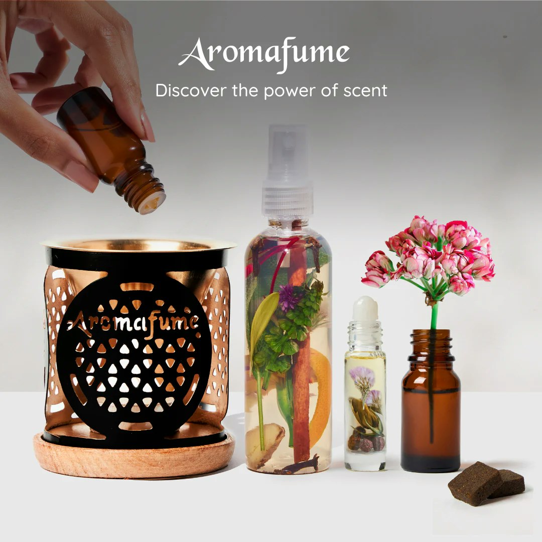 Aromalampa Flower Of Life, diffuser svart/guld med träunderlägg
